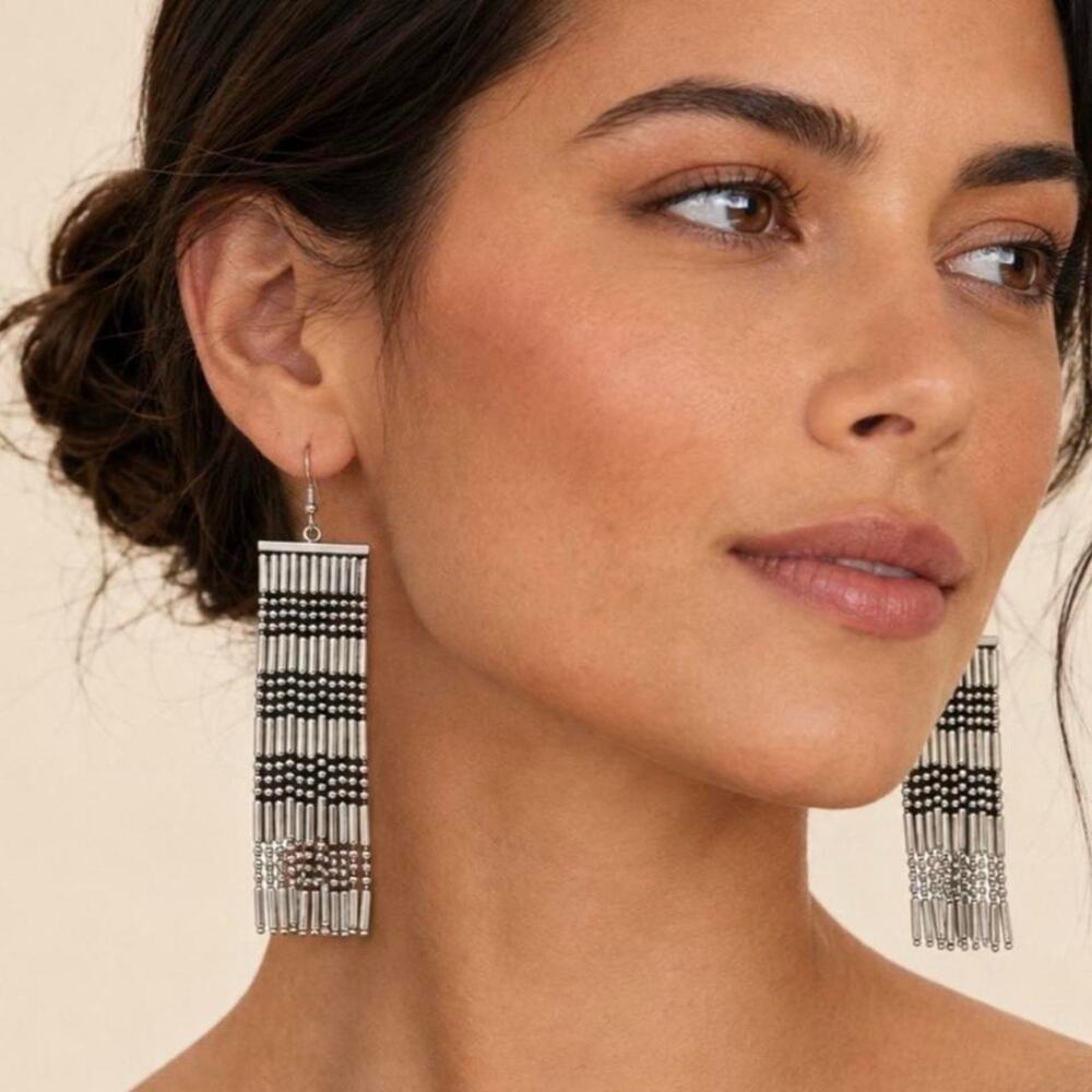NWT Plunder Mae Silver Beaded Fringe earrings